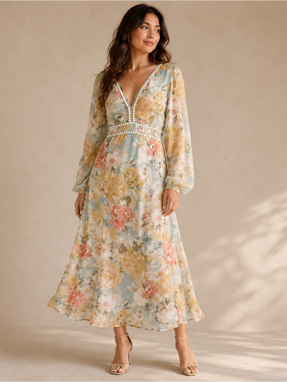 Hello Molly Floral Print Plunging Neck Long Sleeve Dress Size 6/M Cottage Core